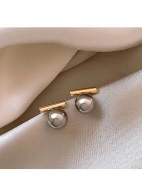 Gold Bar and Silver Pearl Drop Earrings - Elegant Women Jewelry